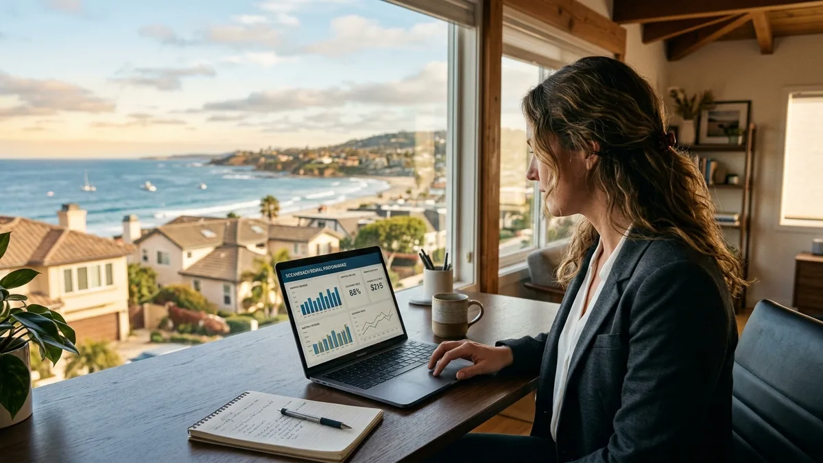 Property manager reviewing STR performance dashboard before deciding how to fire property manager