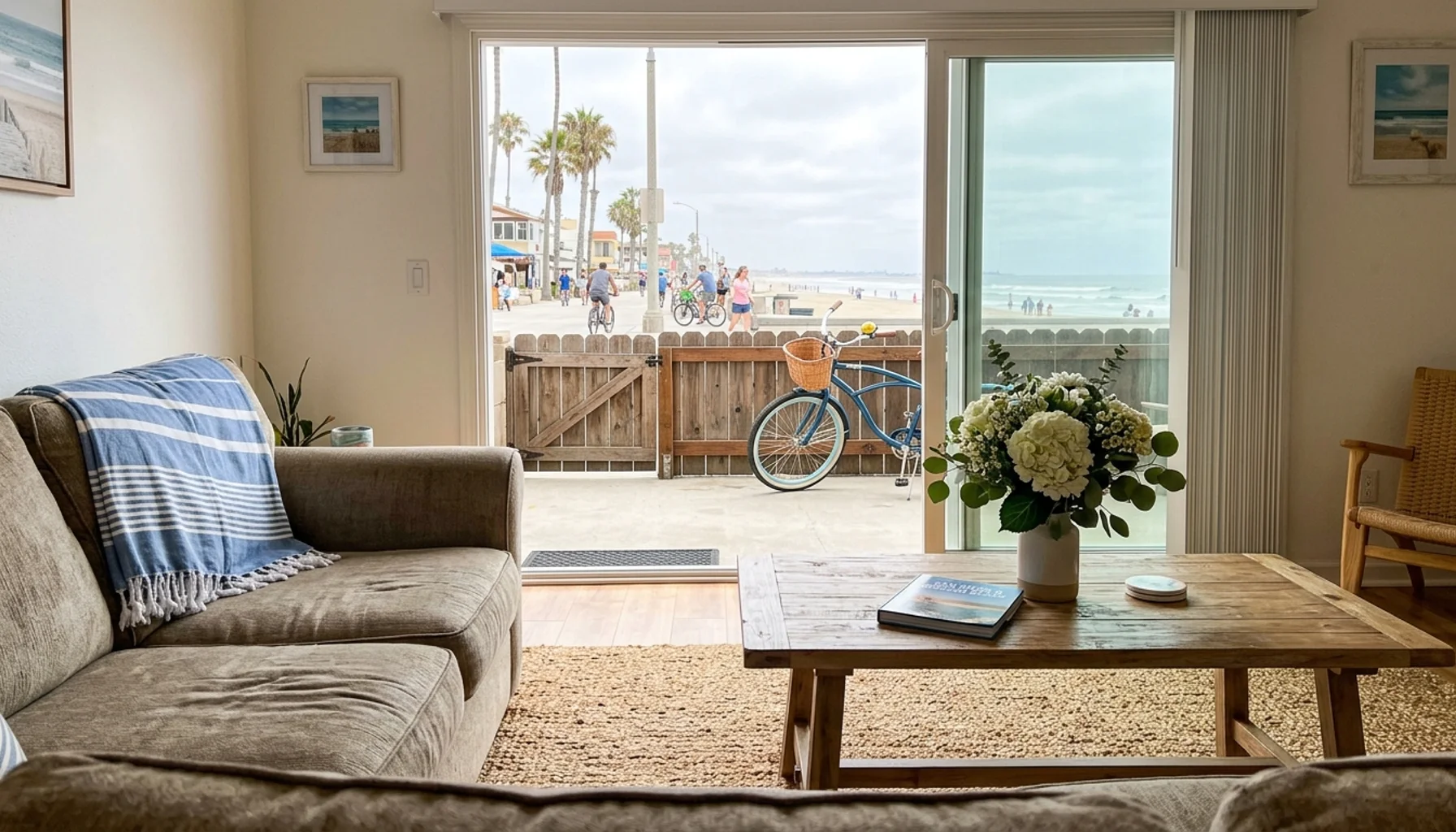 Bright Mission Beach rental living room with patio view, illustrating how to write an airbnb listing description