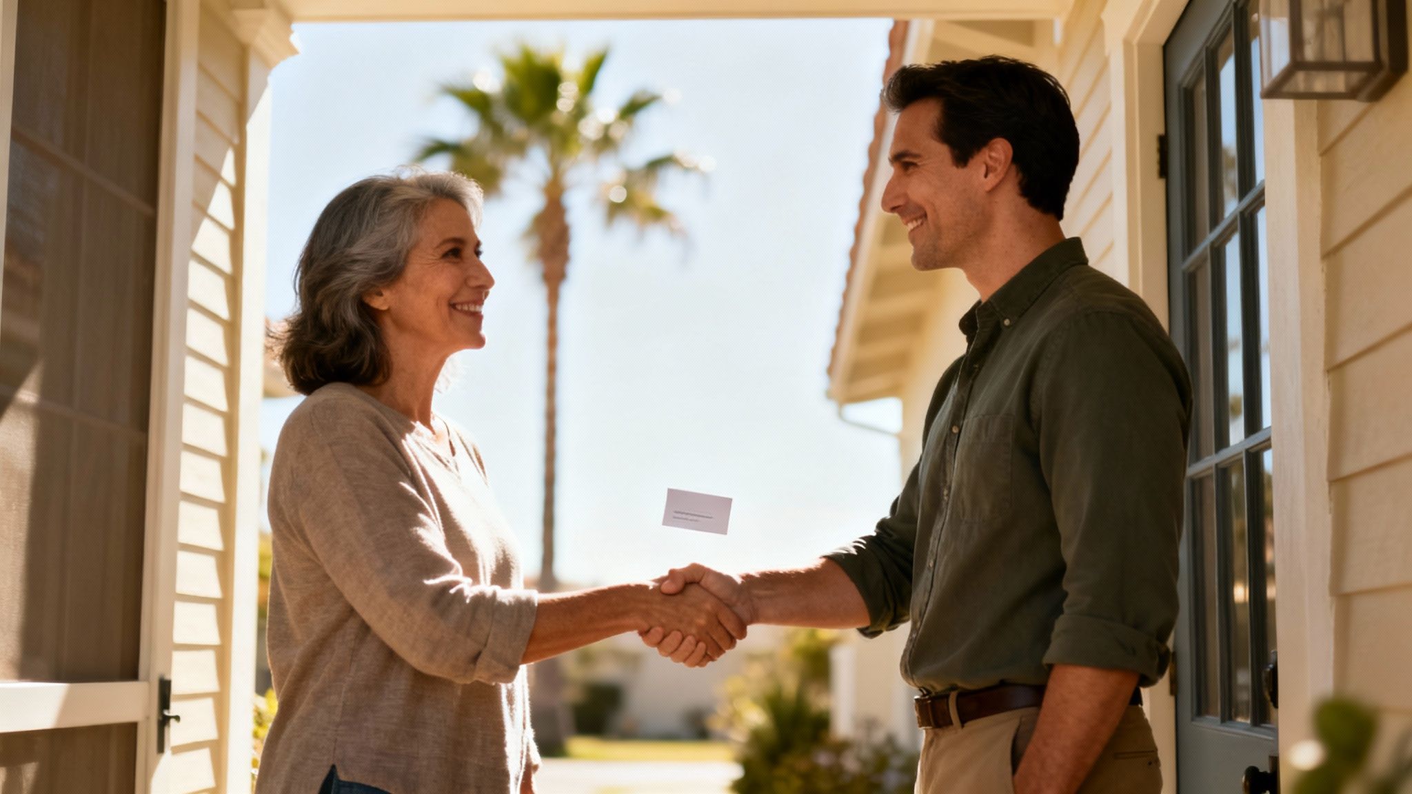 A person confidently shakes hands with a property owner in front of a San Diego home.