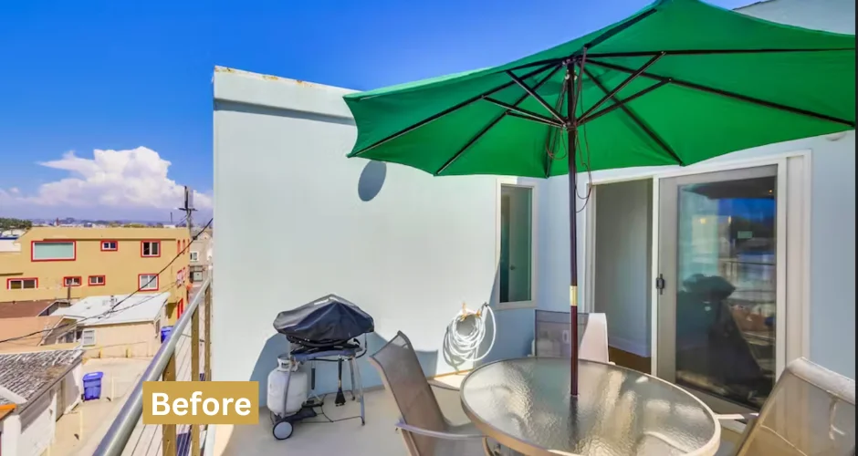 Rooftop terrace with dining furniture and coastal view overlooking San Diego properties