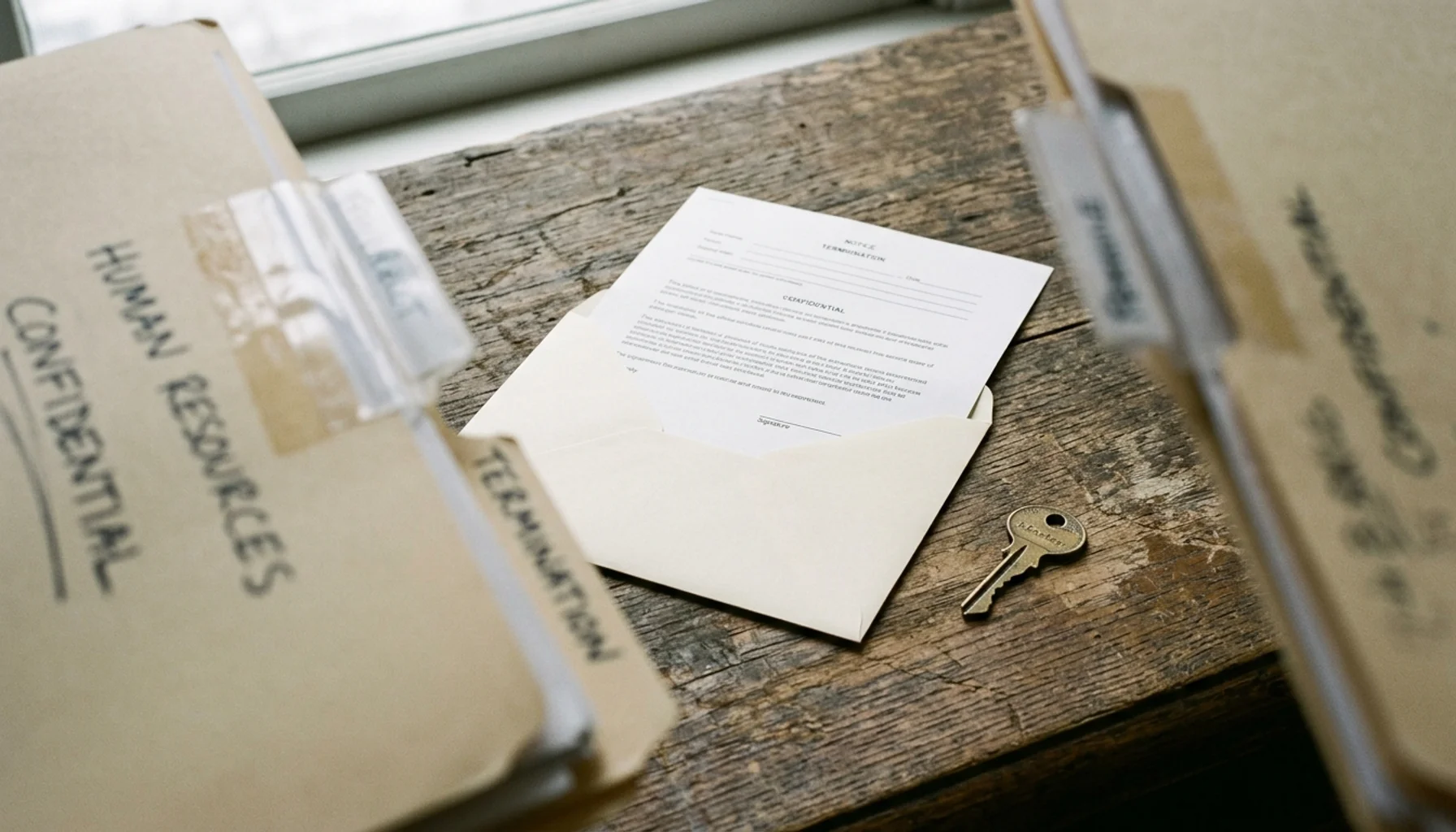 Termination letter in unsealed envelope beside a brass key on a weathered desk — how to fire a property manager