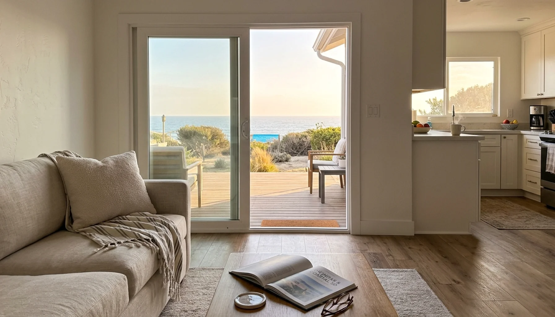 Beachfront rental living room that a good listing description should accurately set up