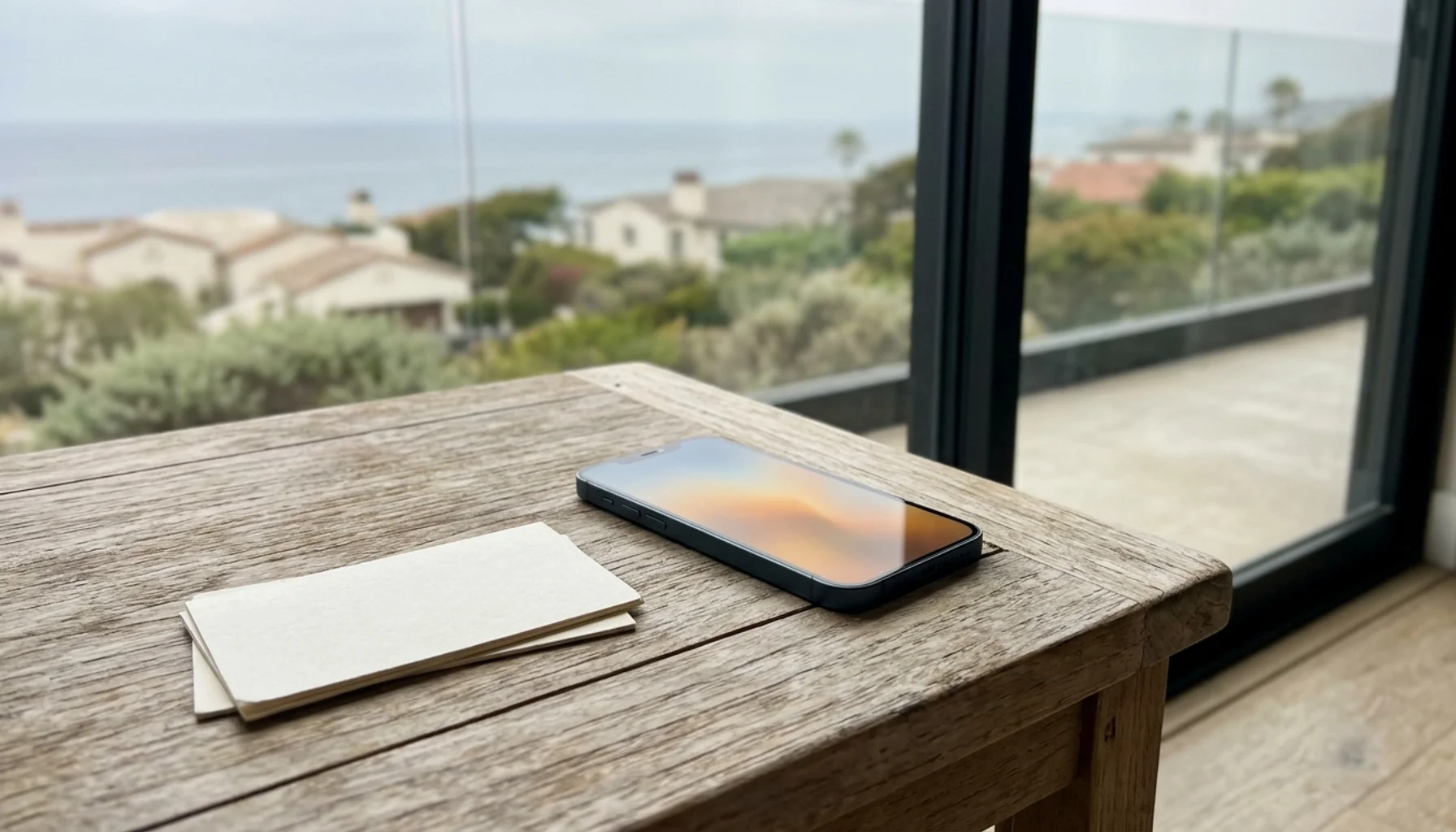 Smartphone with upward ROI glow beside a La Jolla ocean view, symbolizing Airbnb forecast platforms
