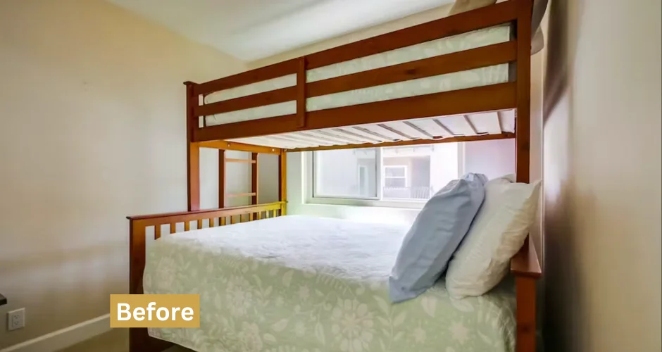 Bright bedroom with canopy bed and city view in San Diego vacation rental
