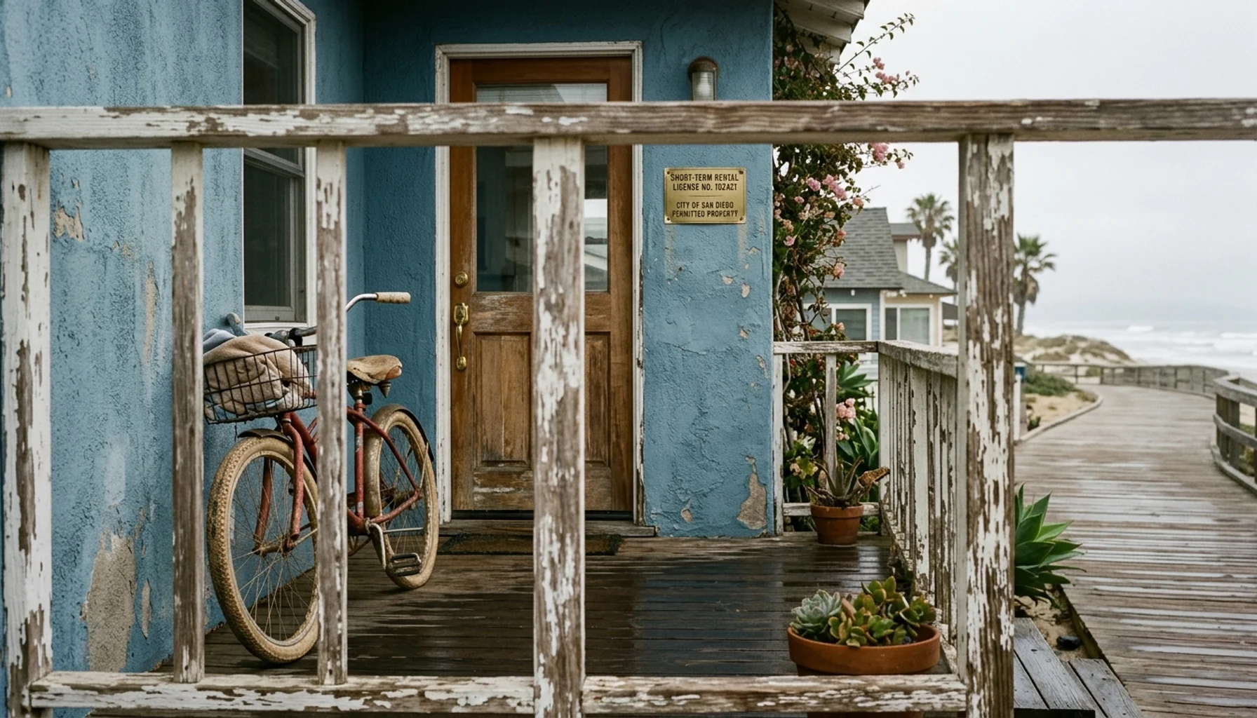 Mission Beach rental cottage with license placard, illustrating airbnb regulations mission beach rules