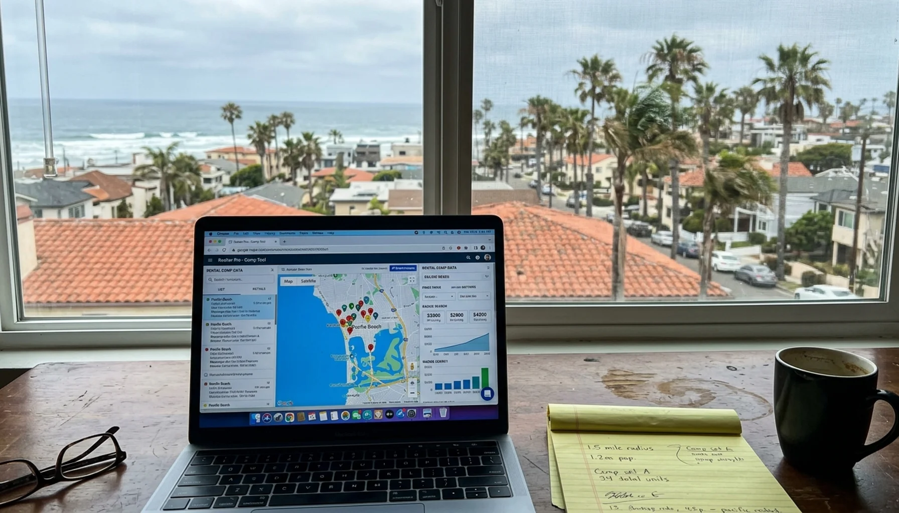Laptop showing neighborhood demand and comp set data for an ai pricing comparison in Pacific Beach