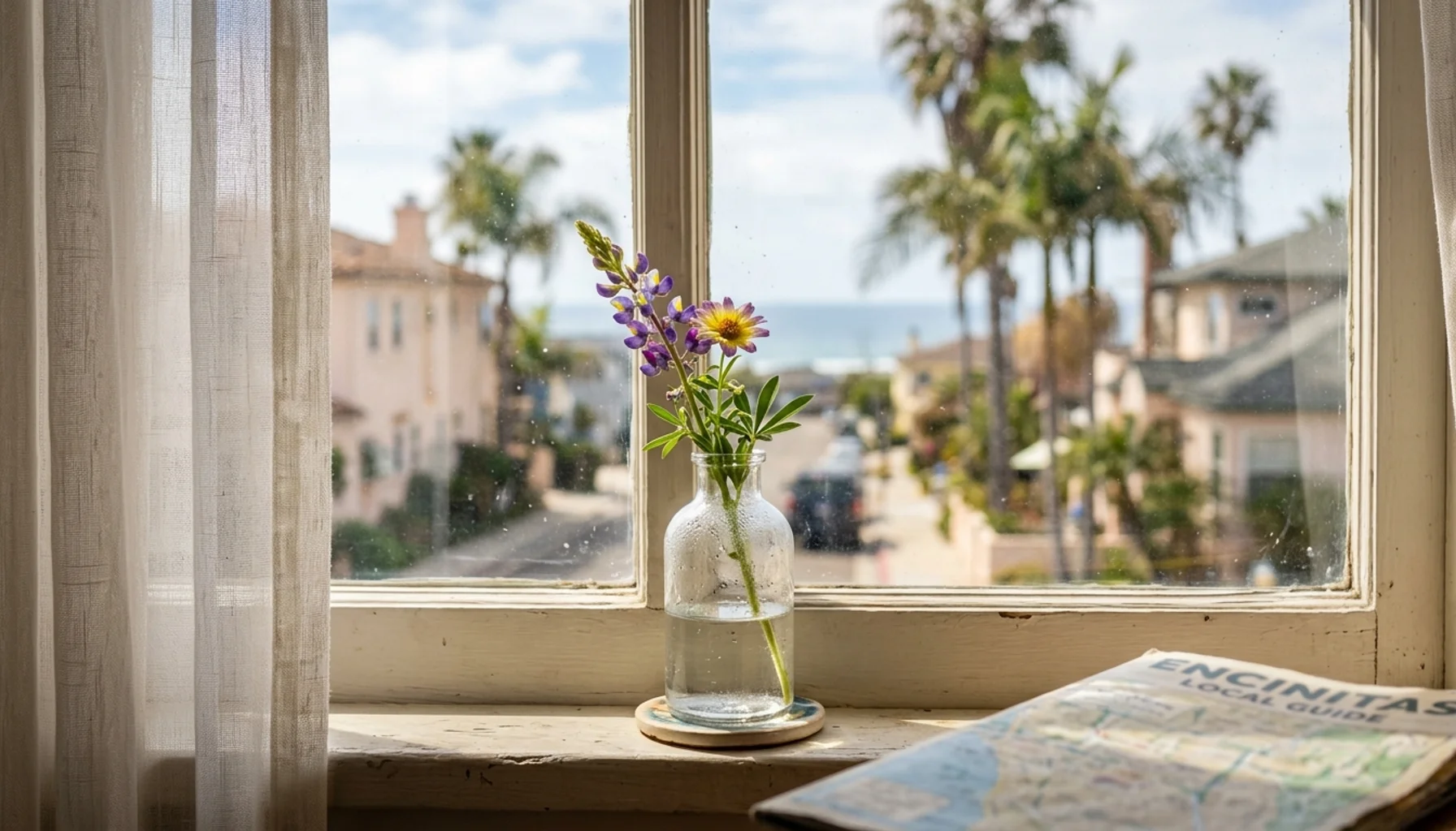 Wildflower on a coastal windowsill representing VRBO listing optimization in Encinitas, CA