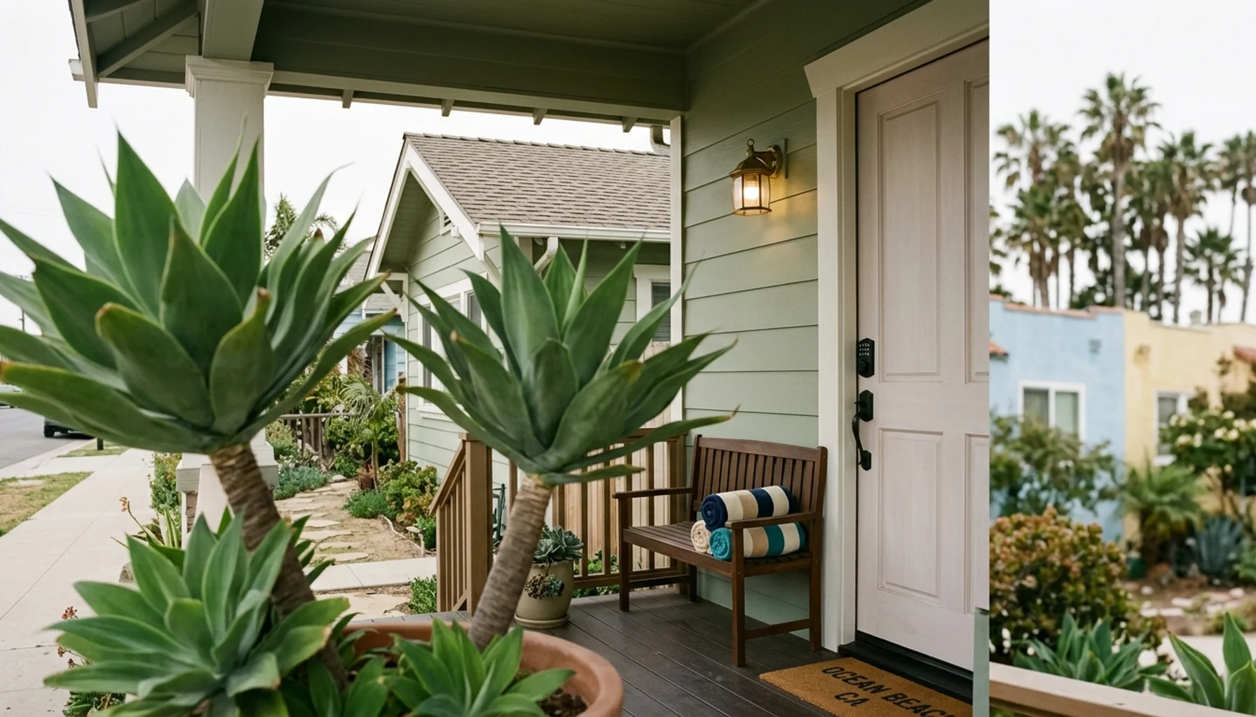 San Diego beach bungalow porch with smart lock and folded towels, illustrating an AI pricing comparison for gap nights