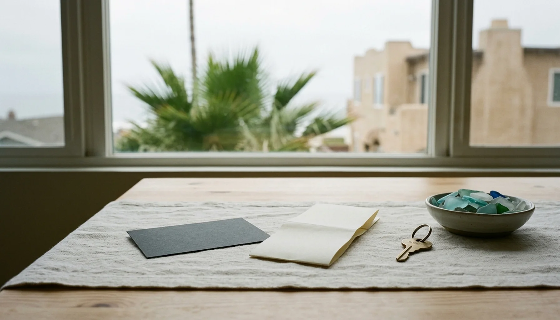 Blank card and folded receipt slip beside a house key and sea glass, with a Pacific Beach window view, for cost-plus pricing