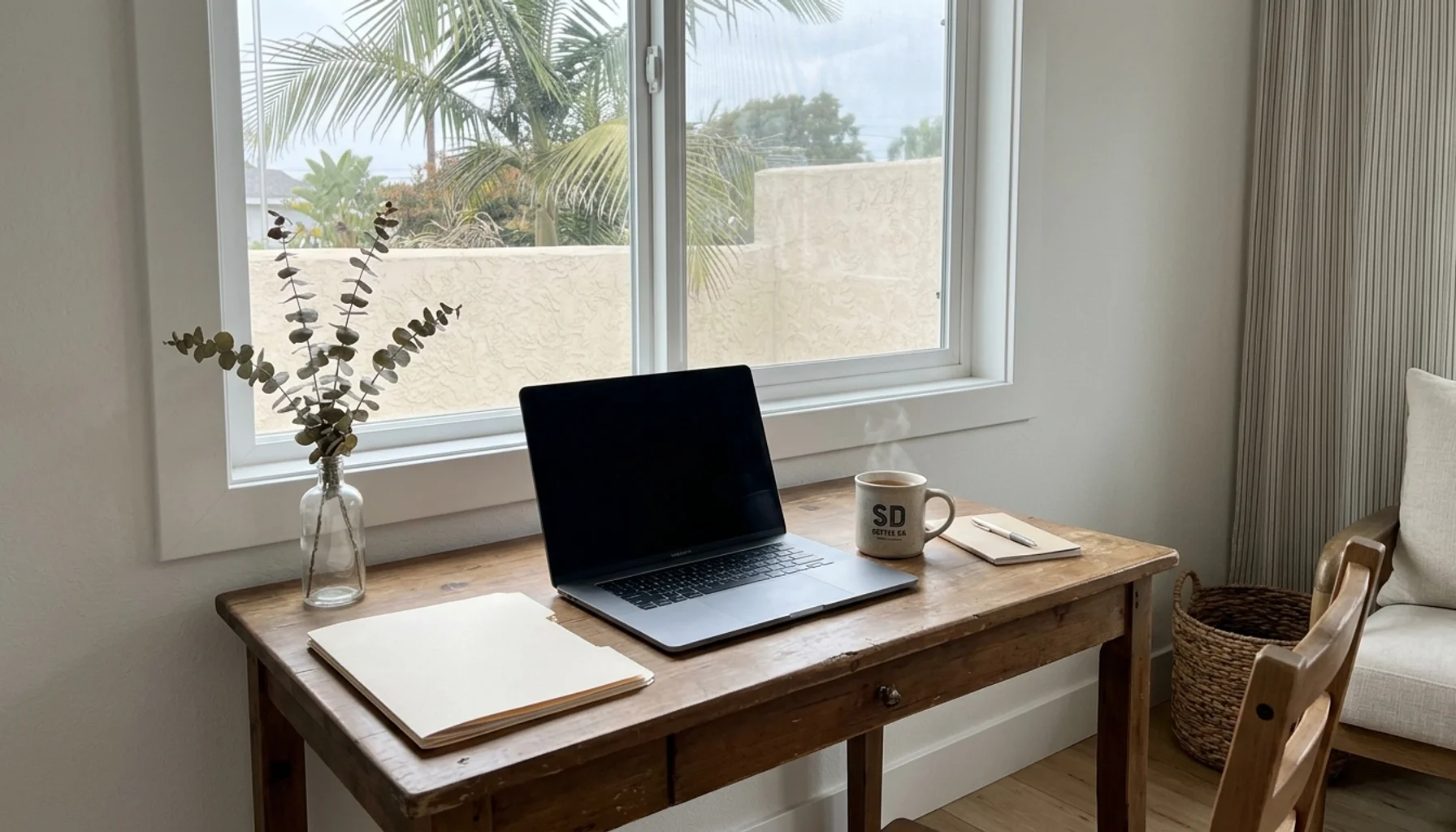 Tidy host desk with closed laptop and folders by a window, set up for ledger rental record keeping in San Diego