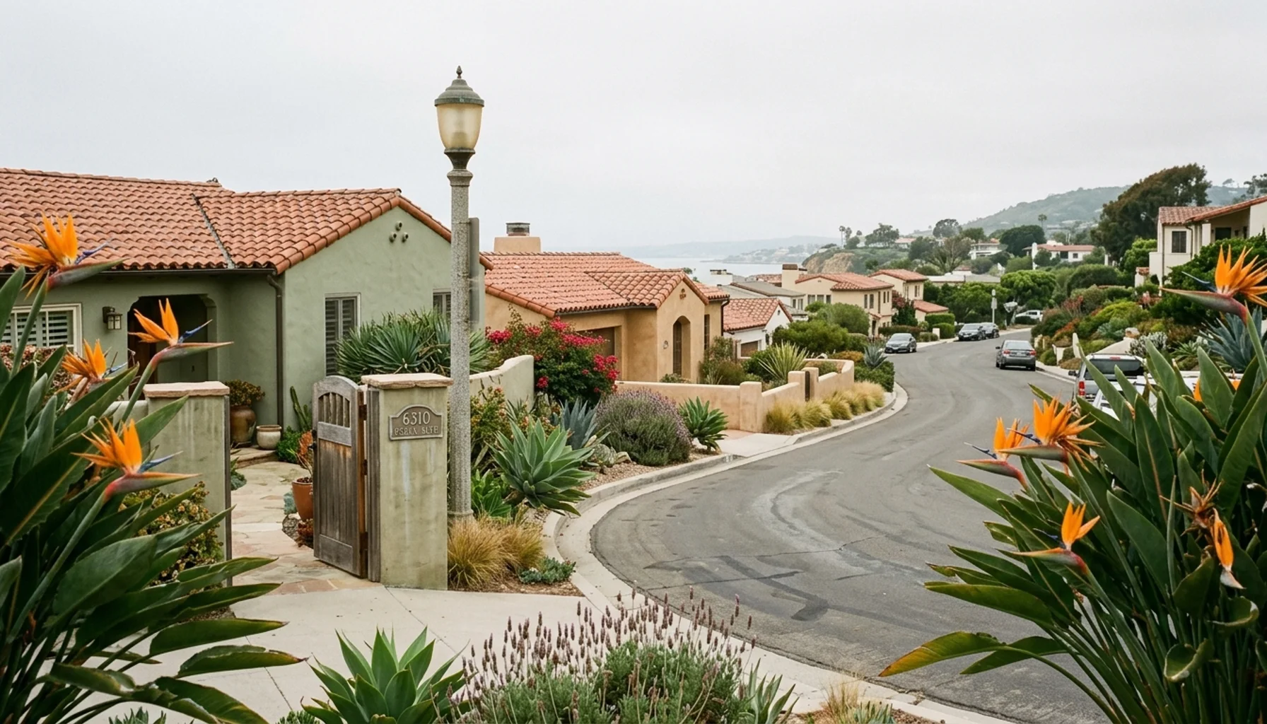 Coastal stucco vacation rental homes on a La Jolla CA street under marine-layer overcast light with drought-tolerant landscaping