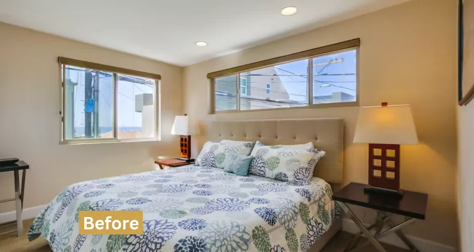 Master bedroom with queen bed and natural light in San Diego real estate management property