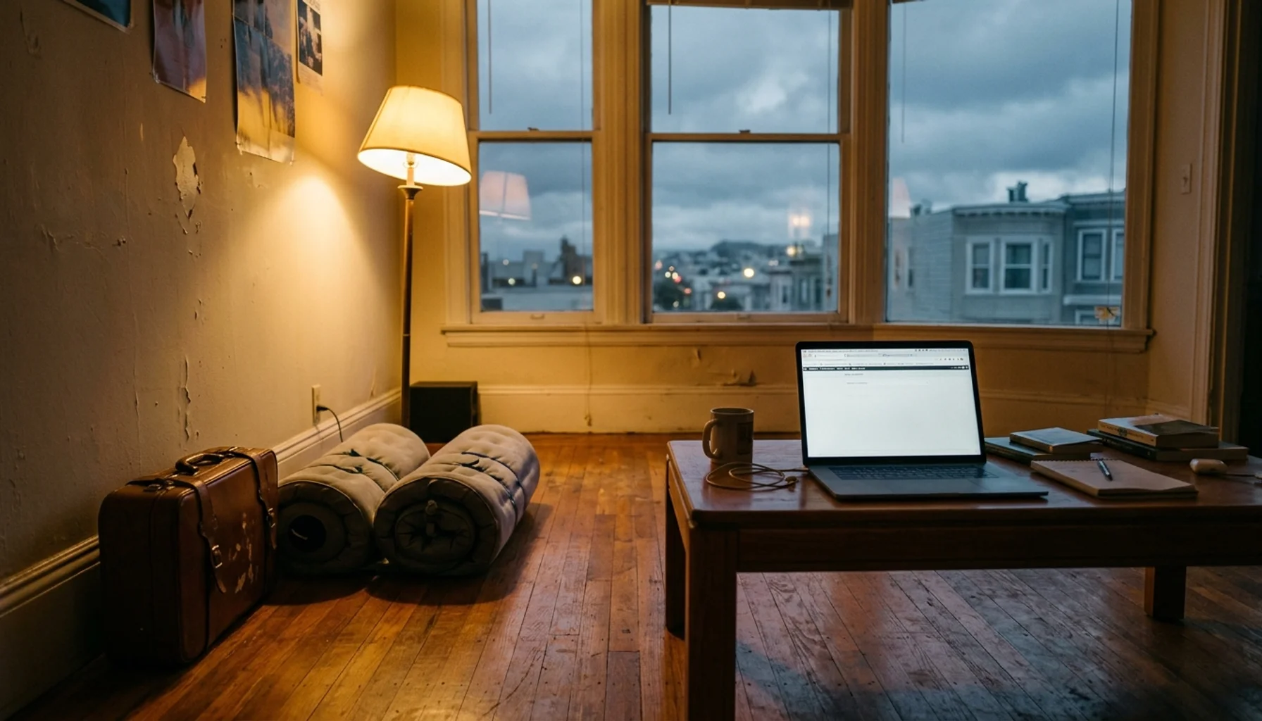 San Francisco apartment interior evoking when did Airbnb launch, with air mattresses and a laptop on a coffee table