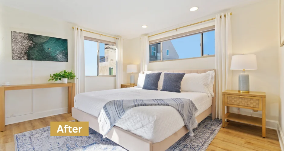 Modern bedroom with wooden bed, natural light, and coastal aesthetic for Airbnb listing optimization in San Diego