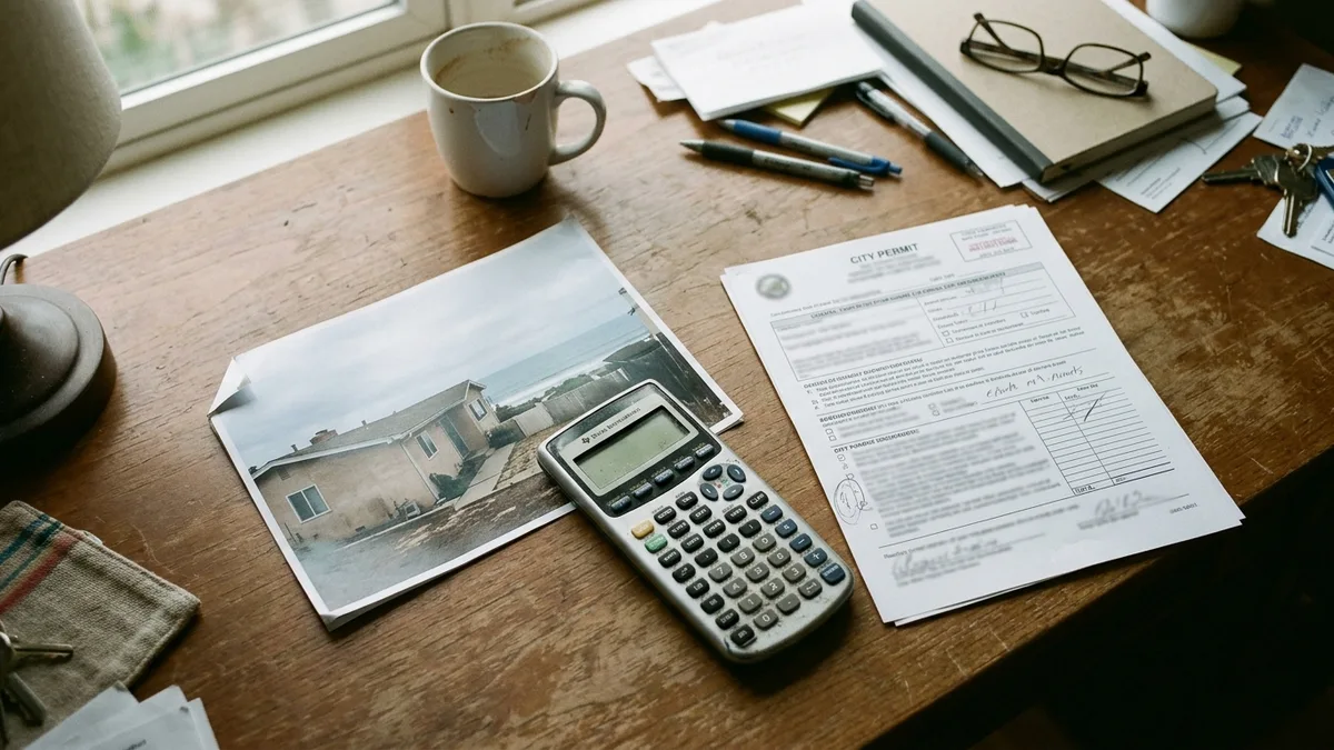 Desk with calculator and city permit paperwork for a TOT tax La Jolla filing review