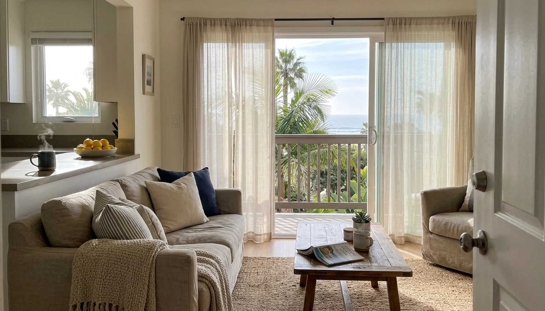 Candid iPhone photo of a clean, sunlit Oceanside vacation rental living room showing vacation rental photography tips in action