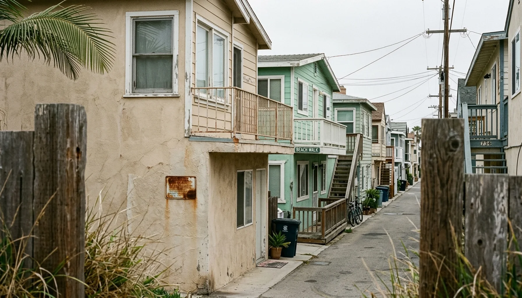 Narrow Mission Beach street lined with two-story beach houses and a permit placard on stucco wall, coastal California.