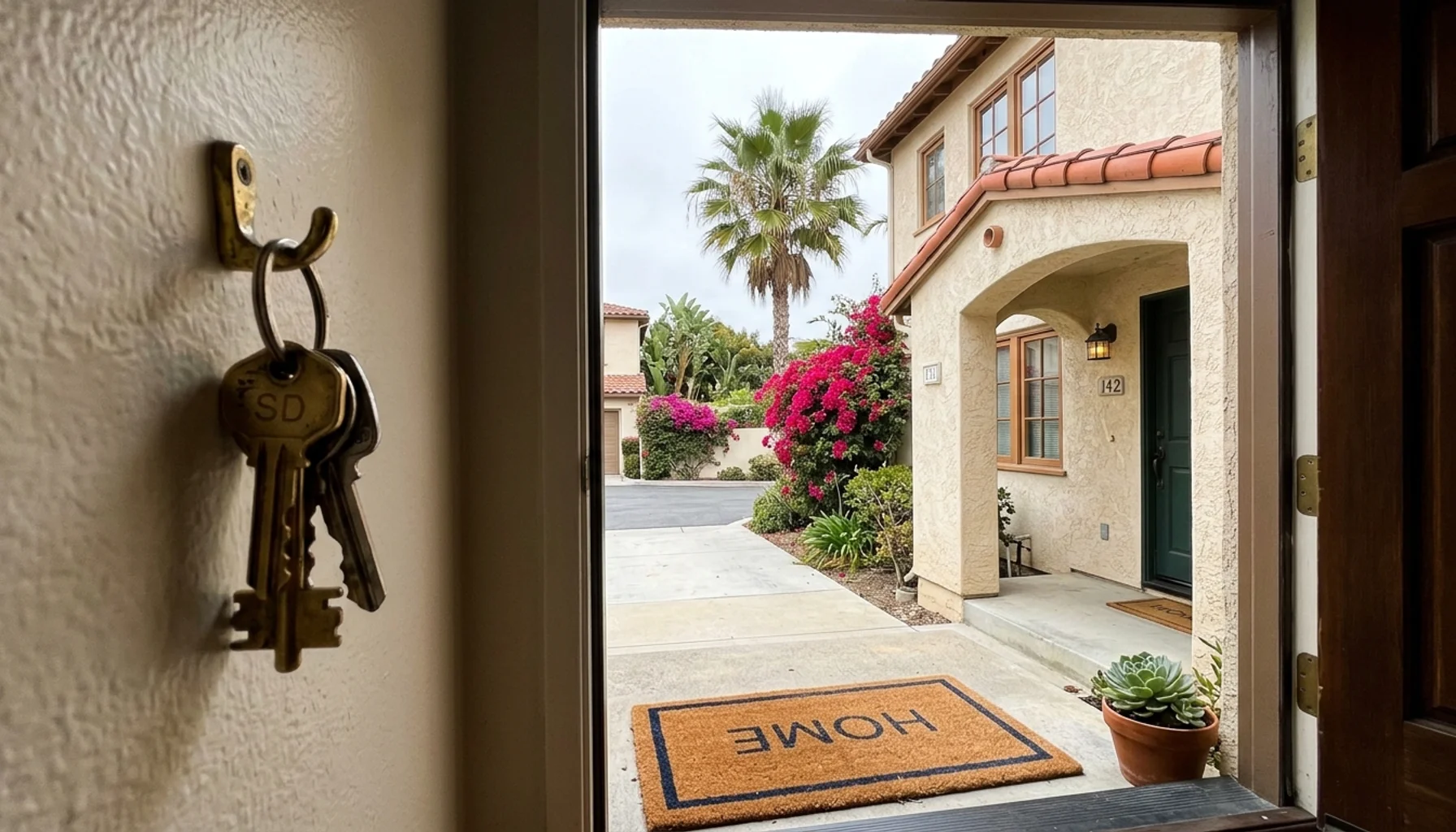 San Diego rental duplex entry with keys on a hook, representing the best app for landlords managing small portfolios
