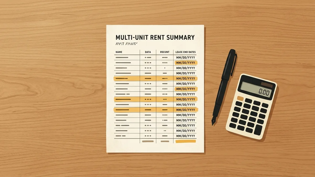 Printed rental roll with lease dates and occupancy status for a multi-property portfolio