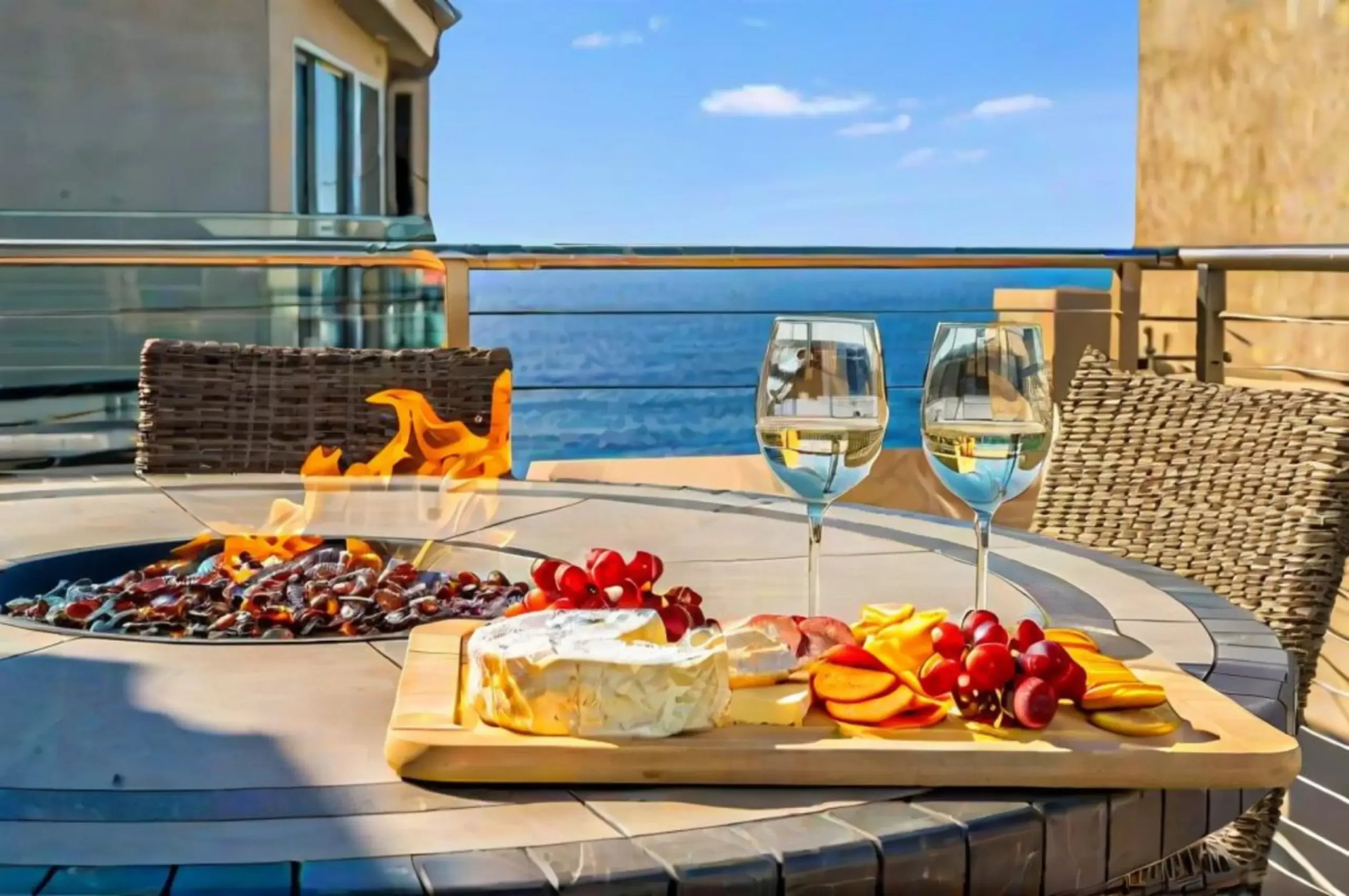 Oceanfront patio with fire pit and entertaining setup overlooking ocean views in San Diego vacation rental