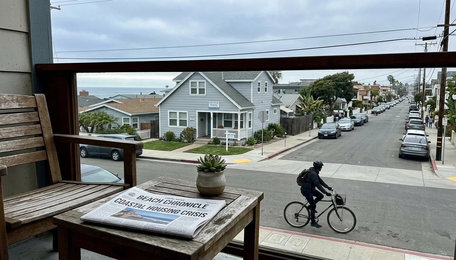 View from a Pacific Beach rental balcony overlooking the street, illustrating rental in San Diego California costs