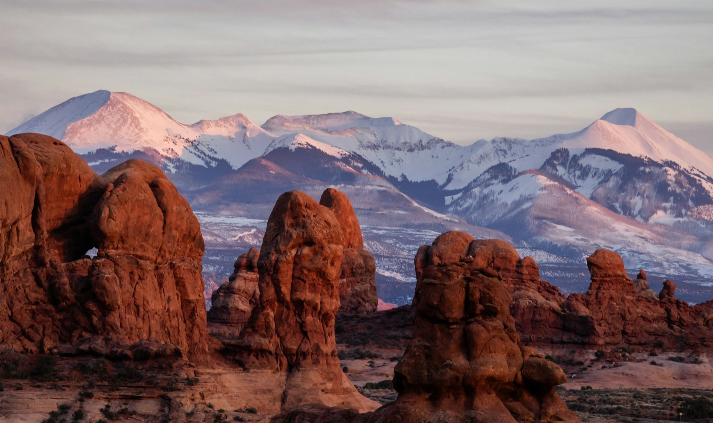 Red rock formations in front of snowy mountains