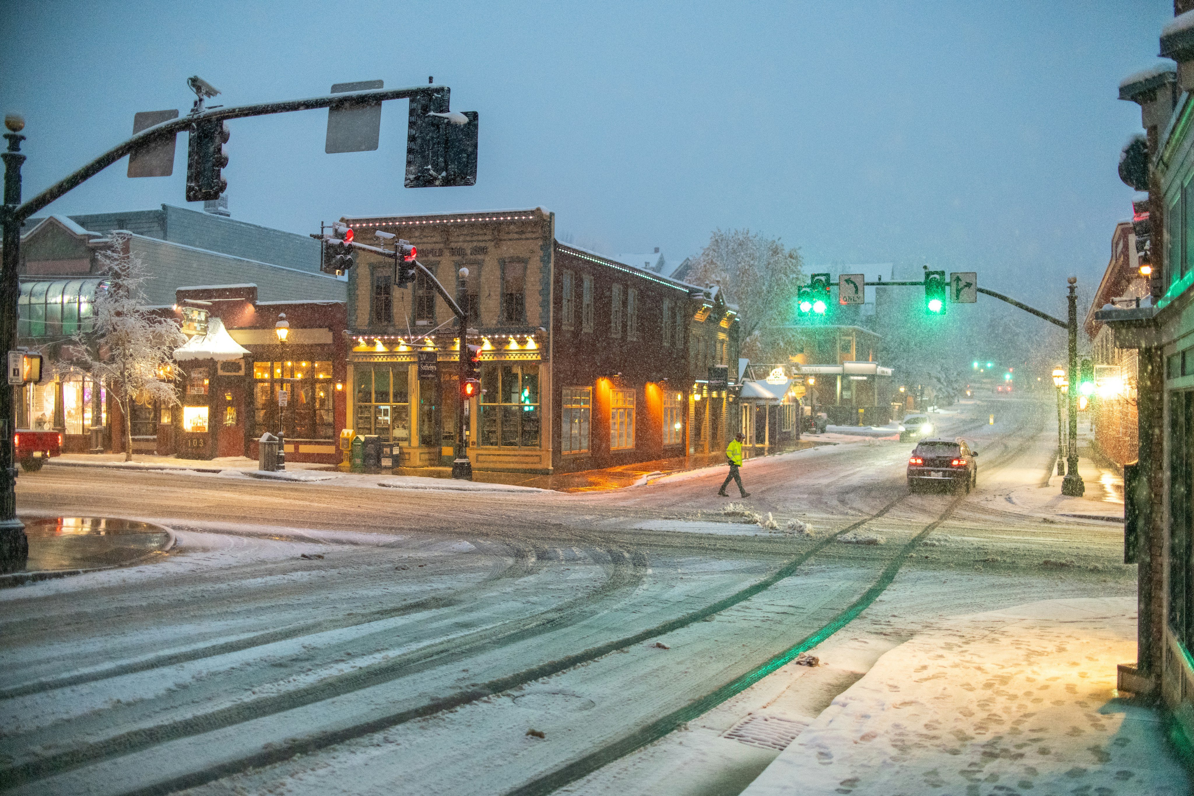 Snowy street in a mountain town