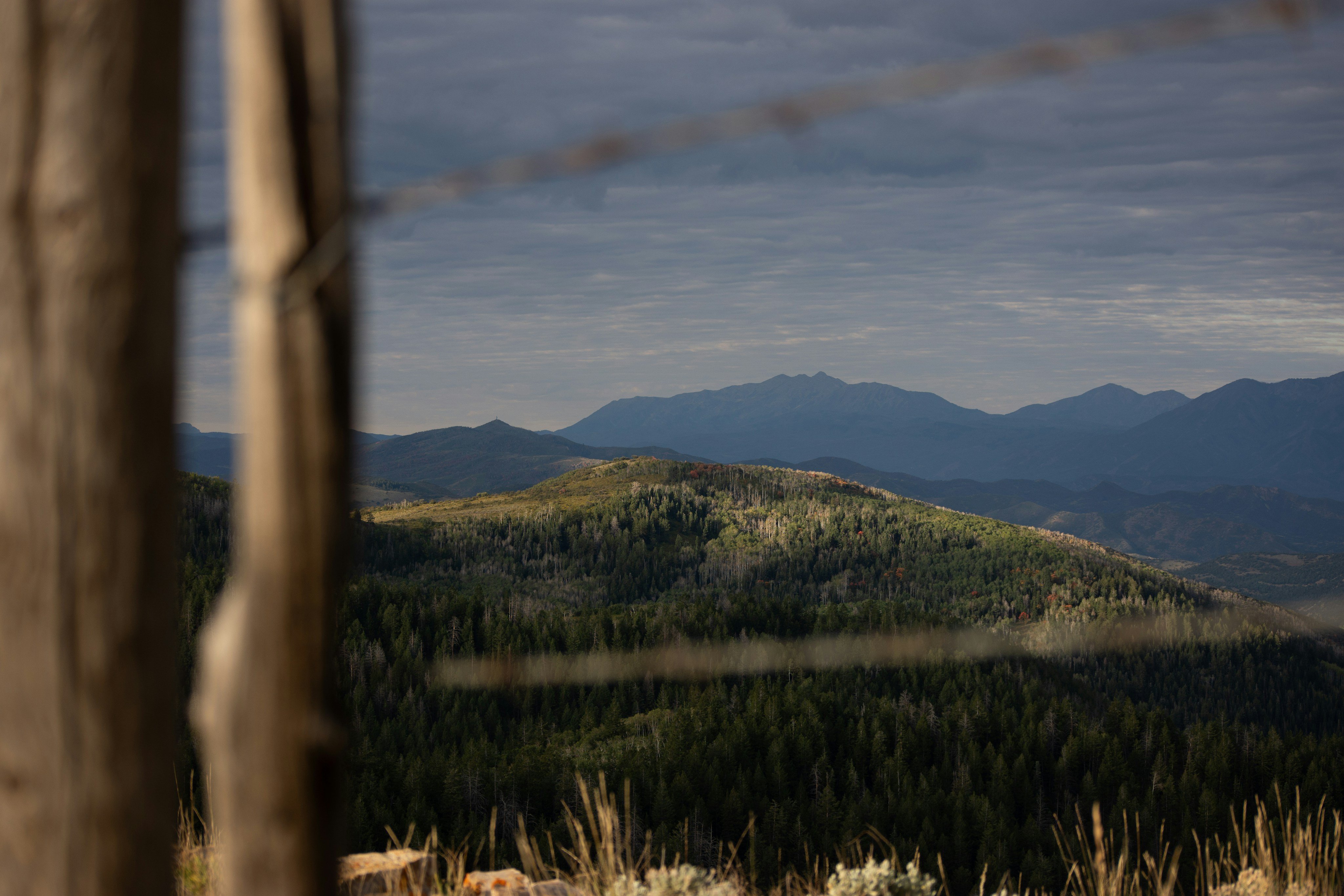 Mountain view past a fence