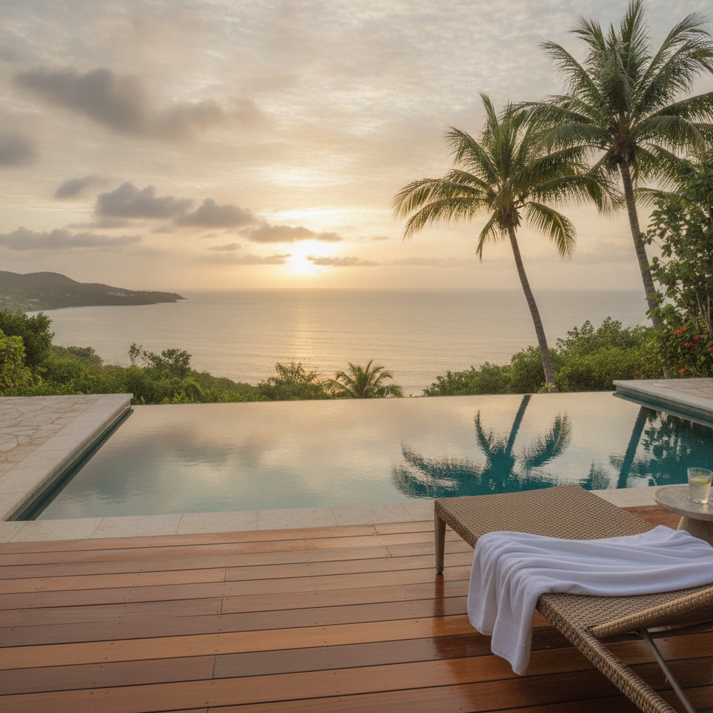 The Caribbean Sea seen from a hillside villa terrace in Mount Standfast, Saint James, Barbados, with a pool deck in the foreground