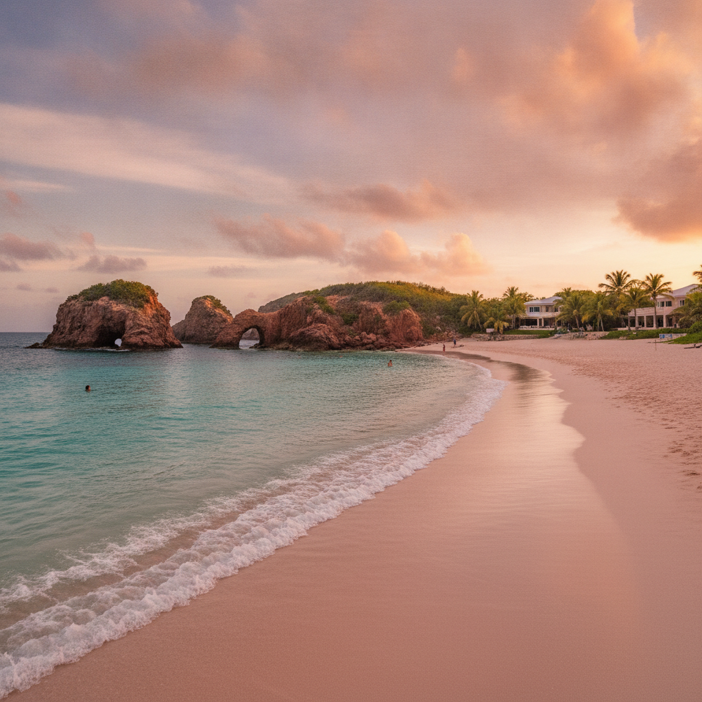 Pinkish sand and turquoise water at Baie Rouge beach in Terres Basses, Saint Martin, with cliffs to the west