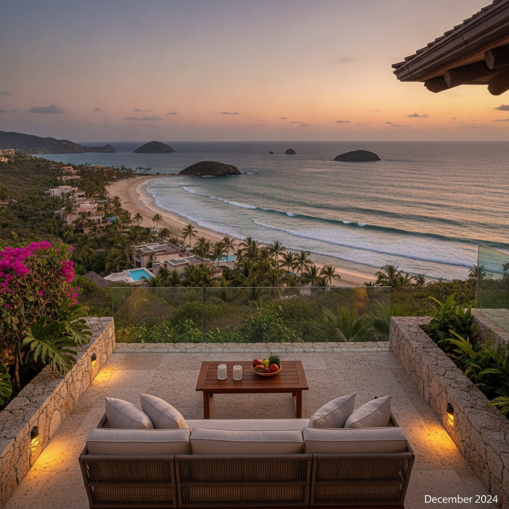 The Pacific coastline at Punta Mita, Nayarit, seen from a hillside villa terrace in December