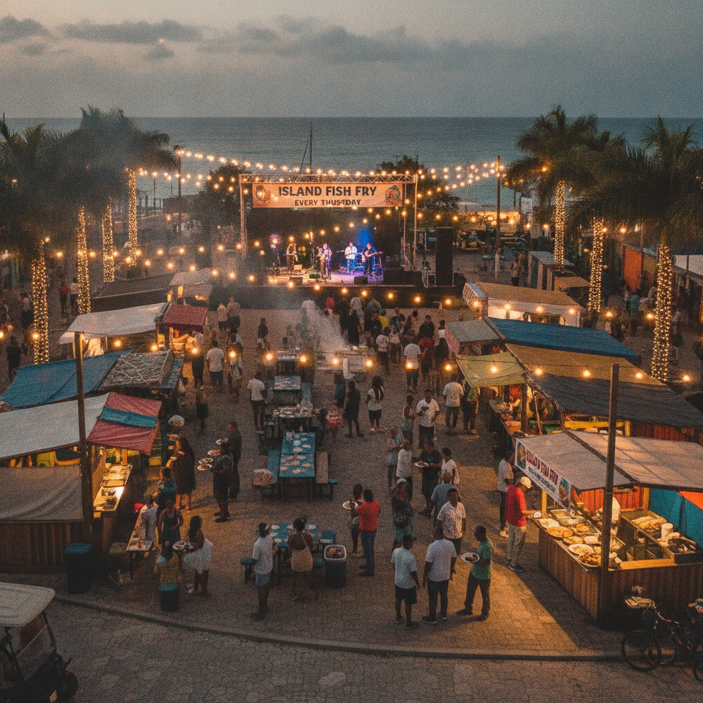 Stubbs Diamond Plaza in The Bight, Providenciales, on a Thursday evening during the weekly Island Fish Fry, with food stalls and strings of lights
