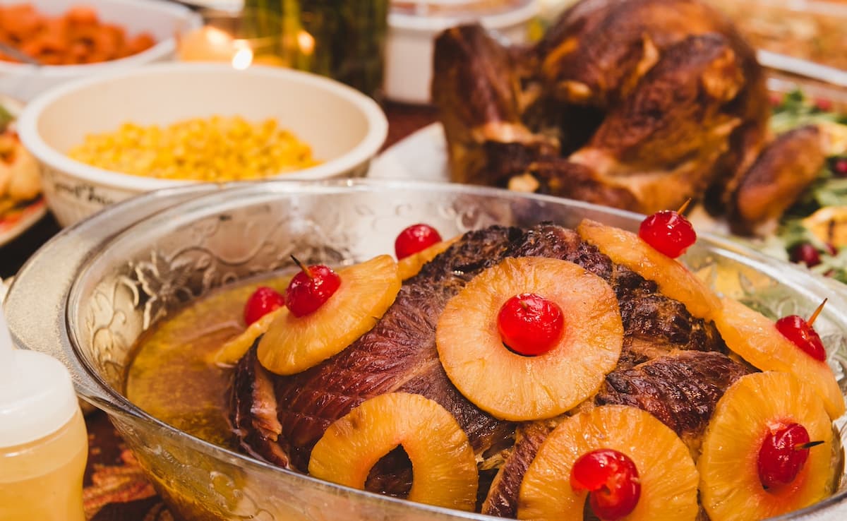 Feast of turkey covered in pineapple for guests visiting Maui  during Thanksgiving