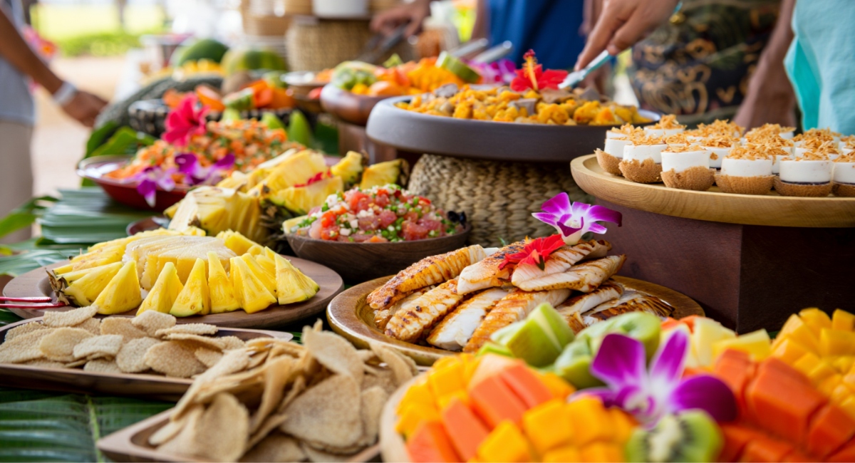 Hawaiian cuisine beautifully arranged at a tropical festival