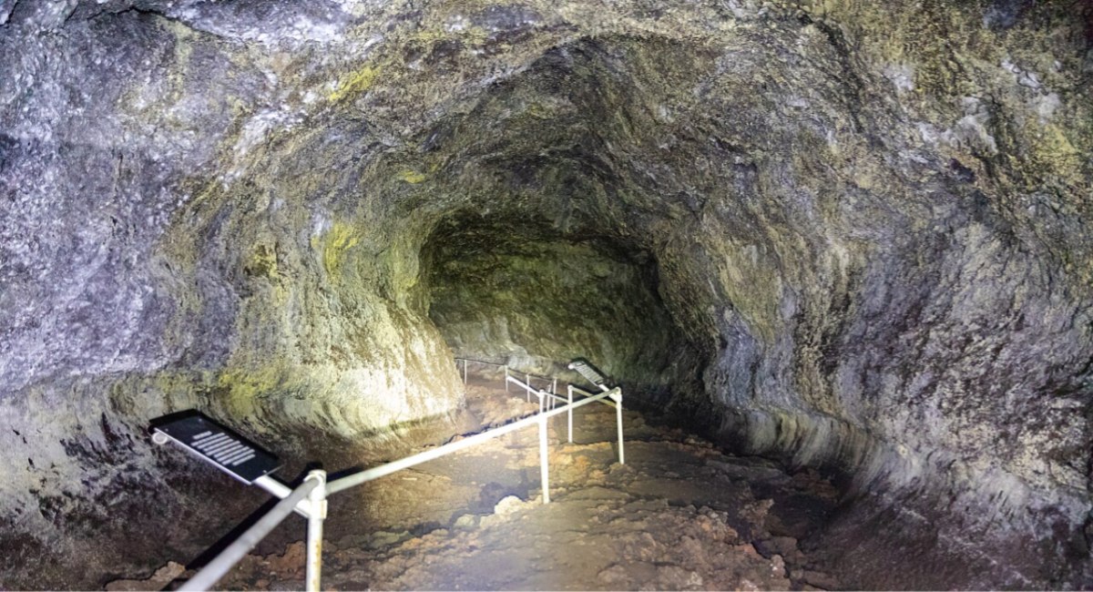 Hana Lava Tube walkway leading into an ancient volcanic cave