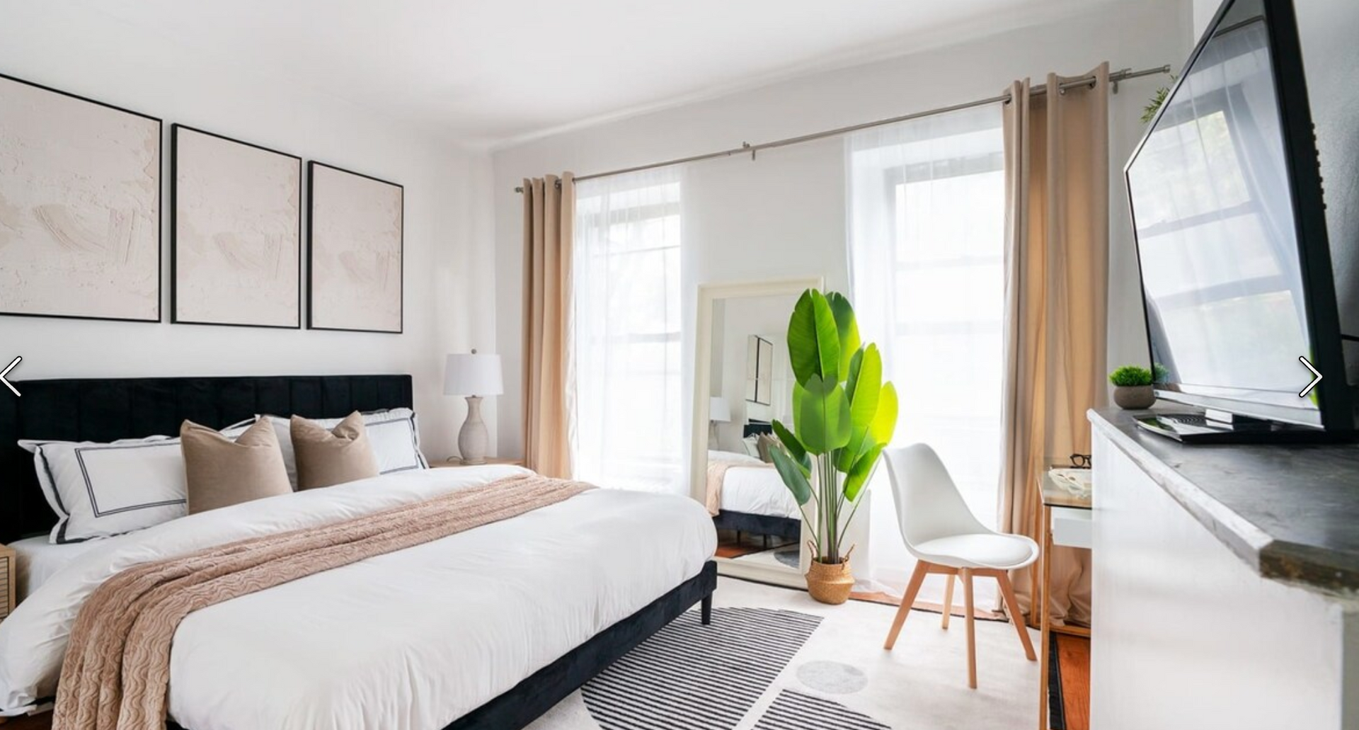 Bedroom with a bed, artwork, windows, large plant, and a TV on a dresser. Neutral colors.