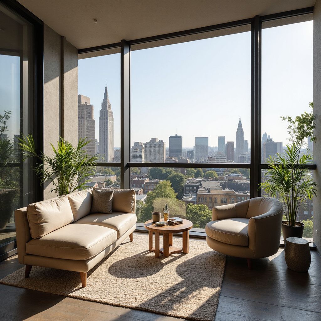 Living room with a tan sofa, armchair, and city view through large windows.