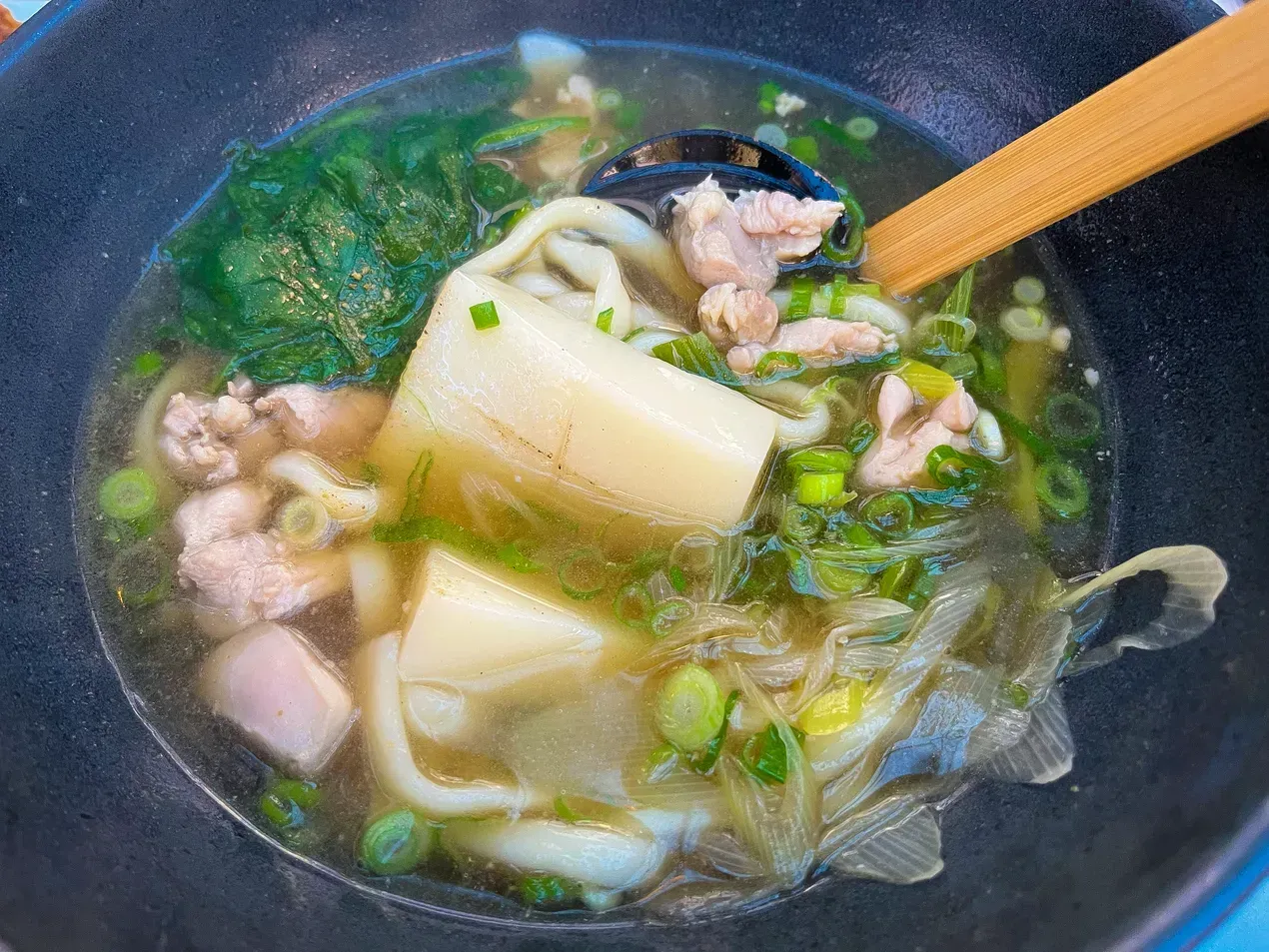 Udon noodle soup with pork, greens, and scallions in a black bowl. A wooden spoon rests inside.