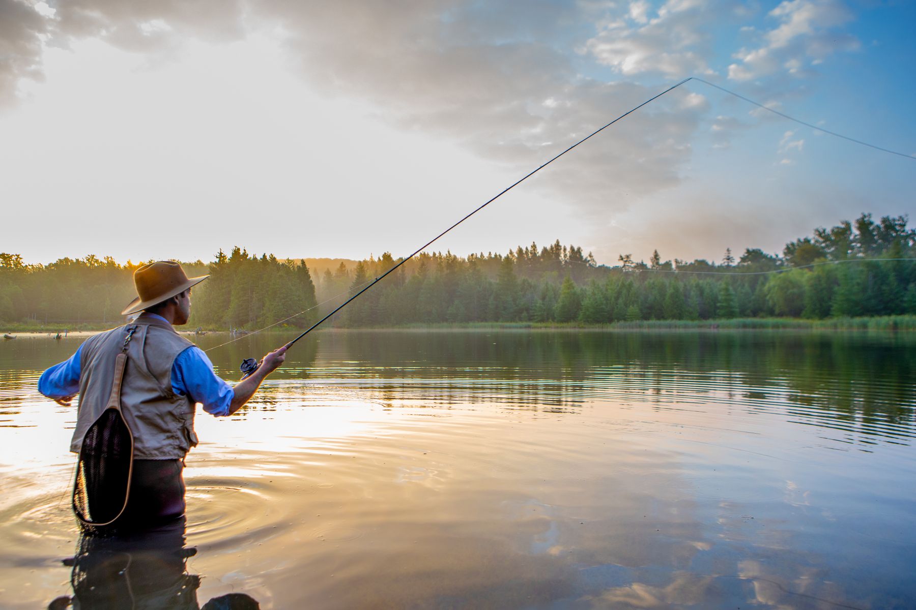 fisherman standing in forest pond