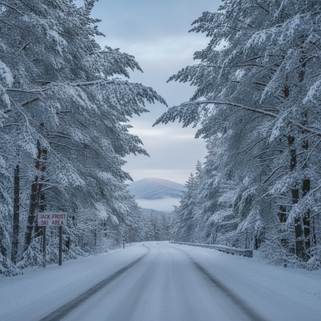 Snow-covered trees and a quiet road in the Pocono Mountains near Jack Frost ski area in winter