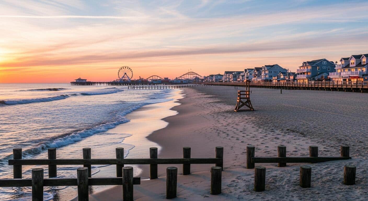 Jersey Shore beach at sunset with lifeguard chair, boardwalk, and amusement rides in the background, reflecting the local vacation experience.