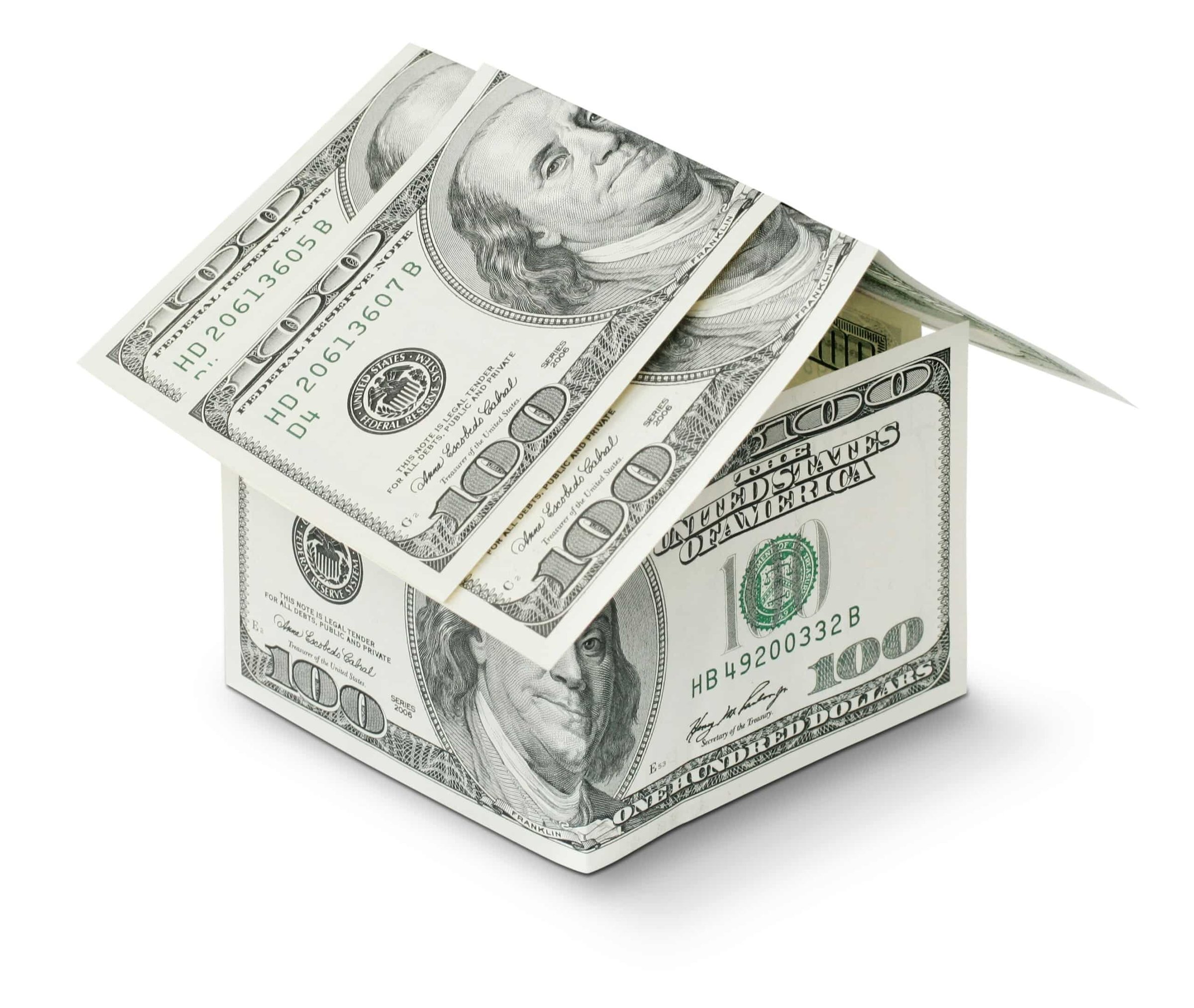 House made of hundred-dollar bills symbolizing investment and profit in property management for Jersey Shore rentals.