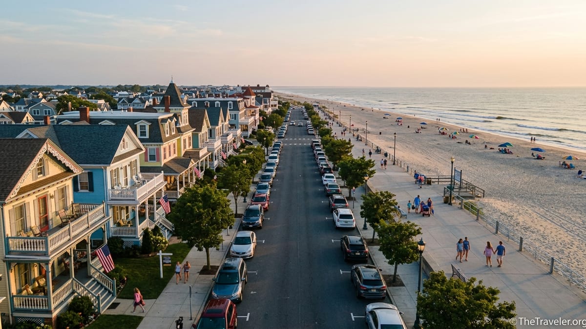 Victorian architecture along Cape May promenade and beach, quiet Jersey Shore vacation destination.
