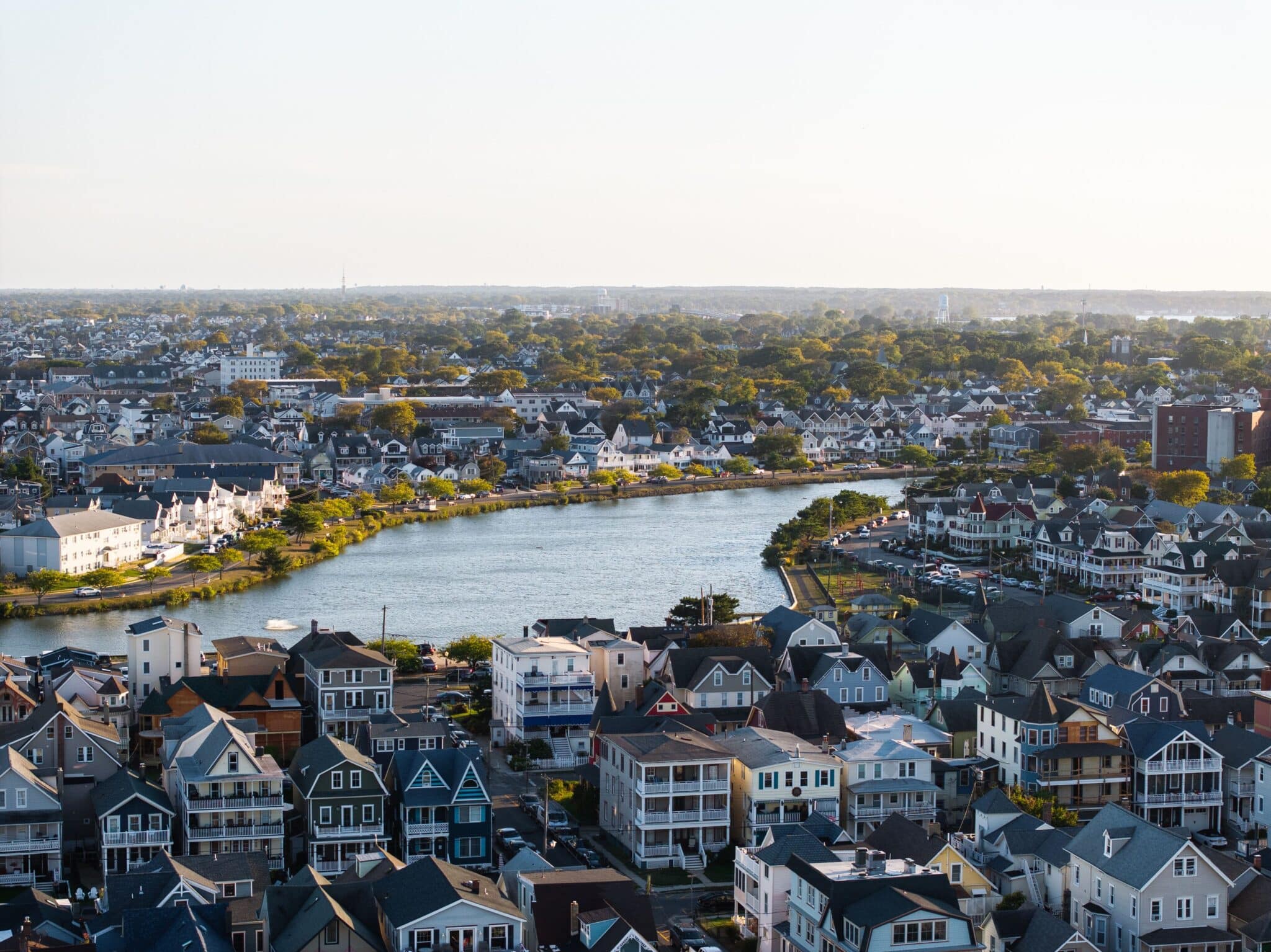 Aerial view of Bradley Beach, New Jersey vacation rentals featuring classic shore homes and cottages