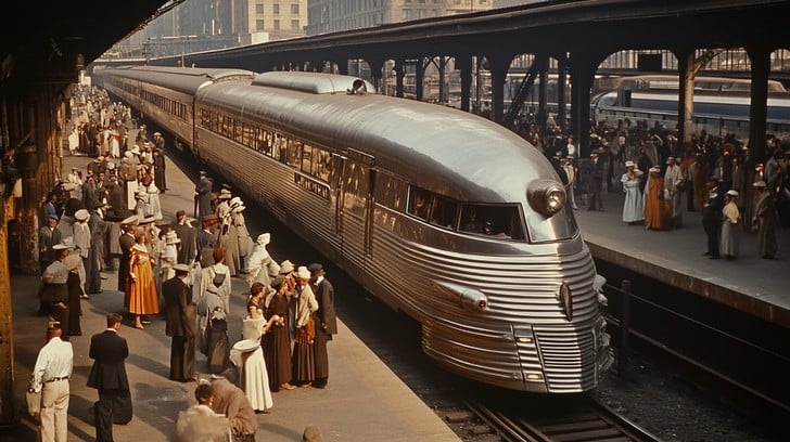 Vintage train at a bustling station, with elegantly dressed passengers and historical architecture, reflecting the mid-19th century railroad impact on Jersey Shore tourism.
