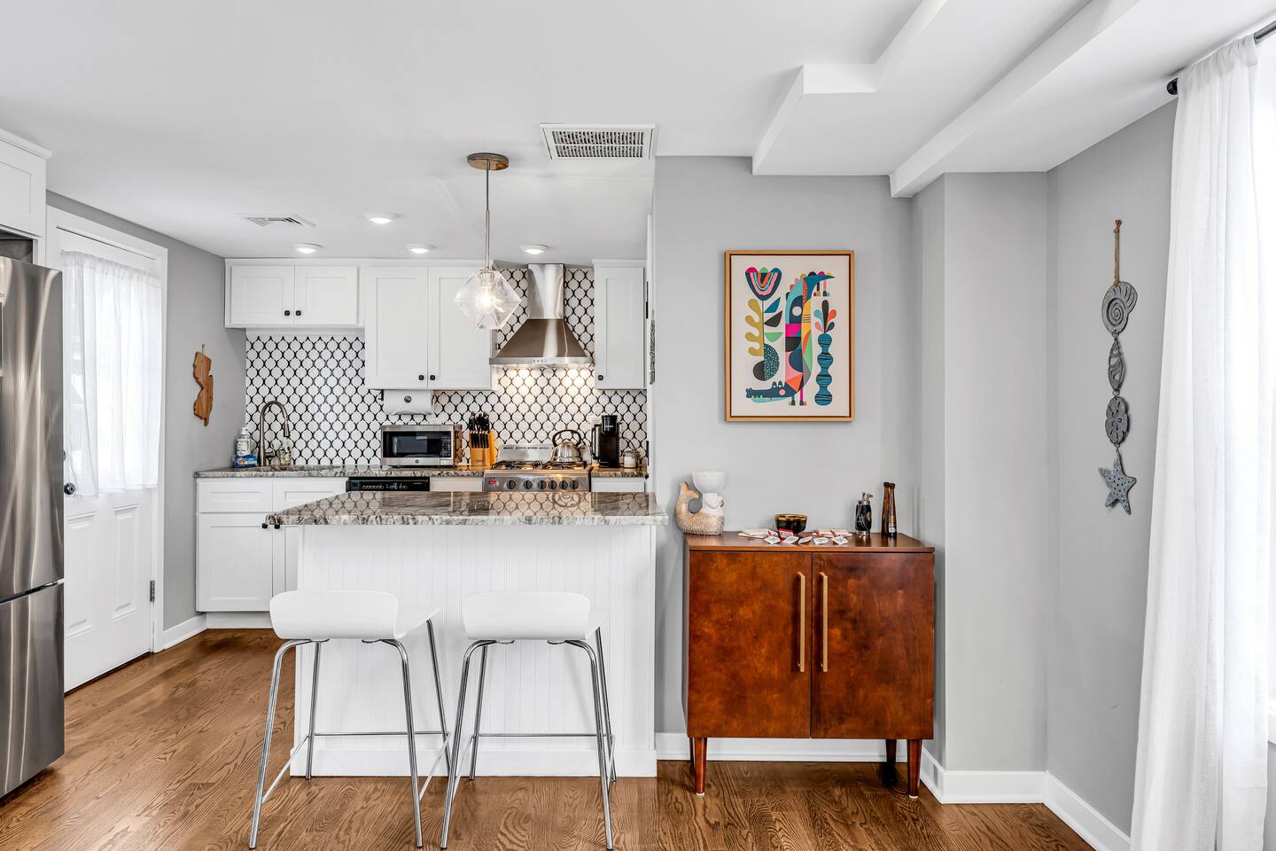 Bright Breezy Beach Stays kitchen with coffee and tea supplies ready for guests.