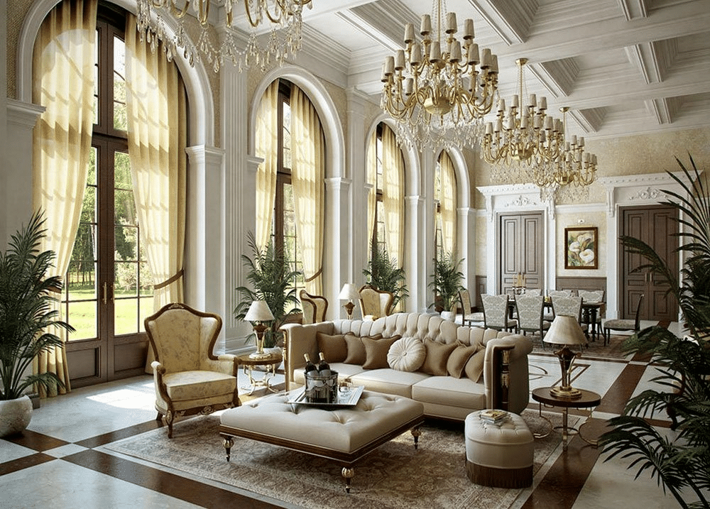 Elegant living room with luxurious decor, featuring large windows with golden curtains, a plush beige sofa, ornate chandeliers, and stylish furniture, reflecting upscale coastal living and community amenities.