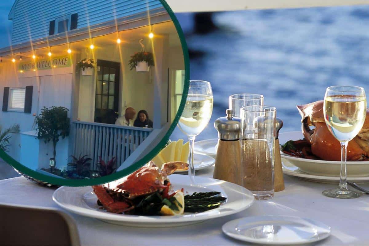 Waterfront dining at Pelicans Wharf with seafood and wine overlooking the bay.