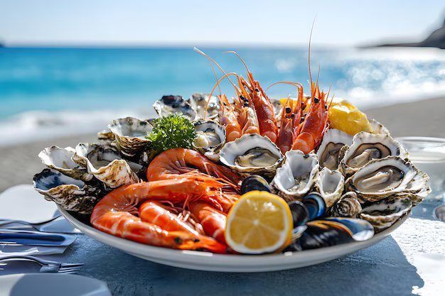 Luxurious beachside seafood platter featuring fresh oysters, shrimp, and mussels, set against the azure sea, highlighting the culinary delights of the Jersey Shore.