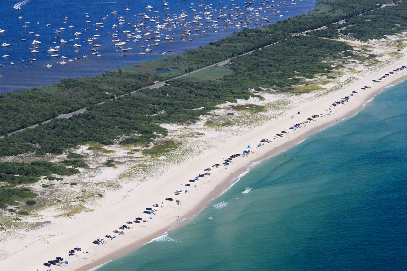 Aerial view of undeveloped Island Beach State Park, showing dunes, beach, and ocean near Seaside